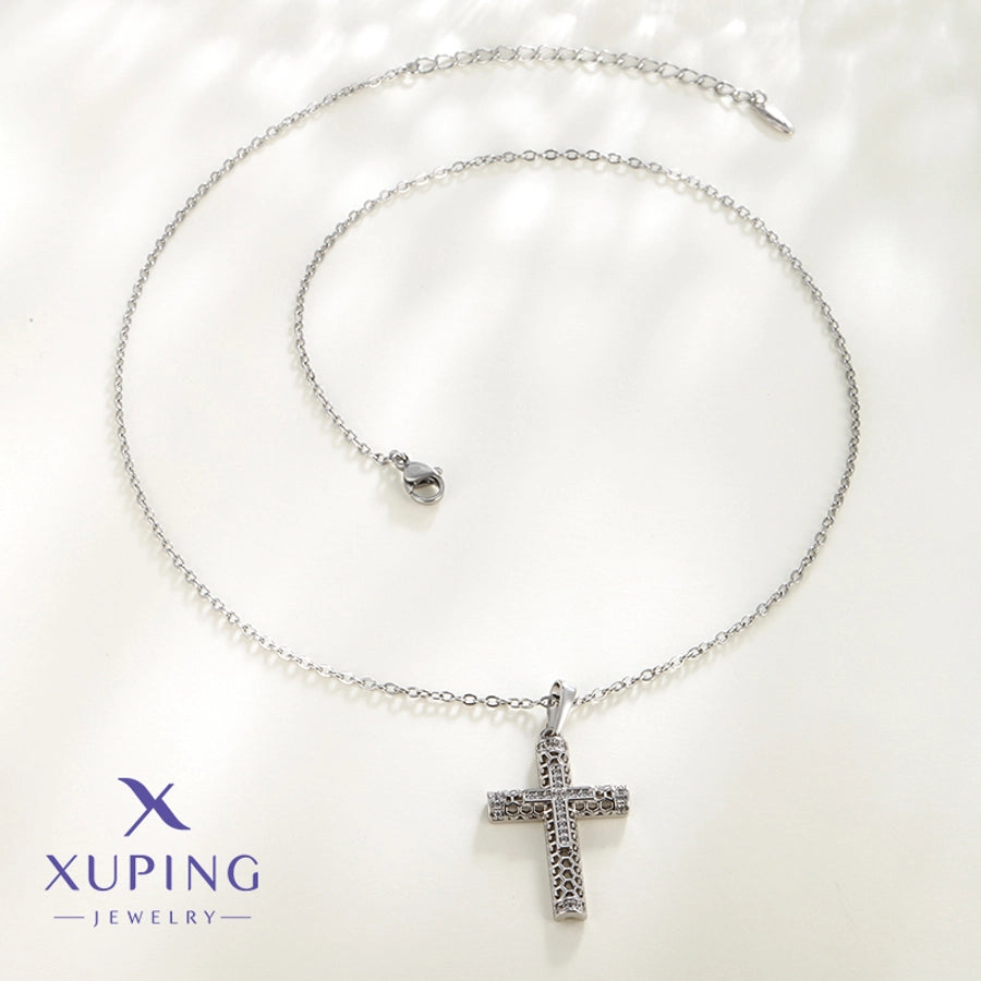 Copper 18K Gold Plated Plating Hollow Out Inlay Cross Zircon Pendant Necklace