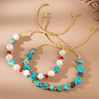 Europe and America  Hot-Selling New Arrival Bohemian Style Imitation Pearl Natural Stone Peach Heart Beads String Bracelet Fashion 2-Piece Set