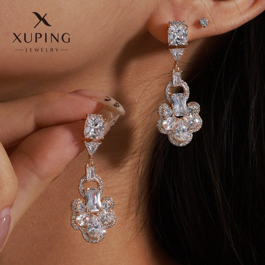 1 Pair Elegant Flower Plating Copper Artificial Gemstones 18K Gold Plated Drop Earrings