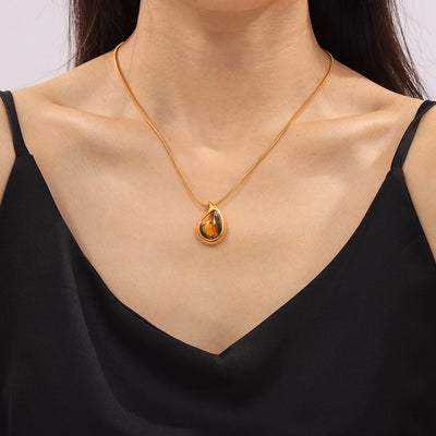 Jewelry Retro Classic Style Water Droplets 304 Stainless Steel Tiger Eye 18K Gold Plated Plating Inlay Pendant Necklace Necklace