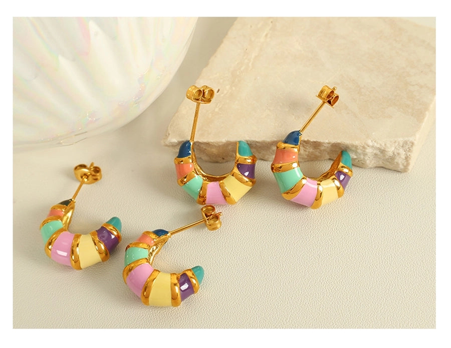 1 Pair IG Style Elegant Vintage Style C Shape Polishing Enamel Plating 304 Stainless Steel 18K Gold Plated Ear Studs