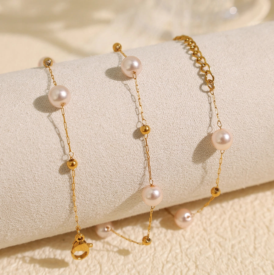 Jewelry IG Style Elegant French Style Round 304 Stainless Steel Artificial Pearls 18K Gold Plated Beaded Polishing Necklace