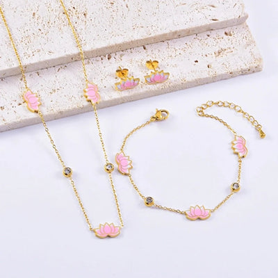 Jewelry Sweet Flower Titanium Steel Gold Plated Epoxy Plating Bracelets Jewelry Set