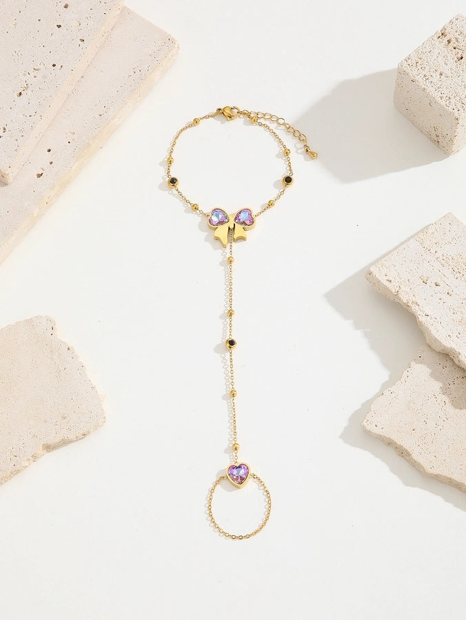 Simple Style Classic Style Petal Butterfly Bow Knot Titanium Steel 18K Gold Plated Rhinestones Bracelets In Bulk