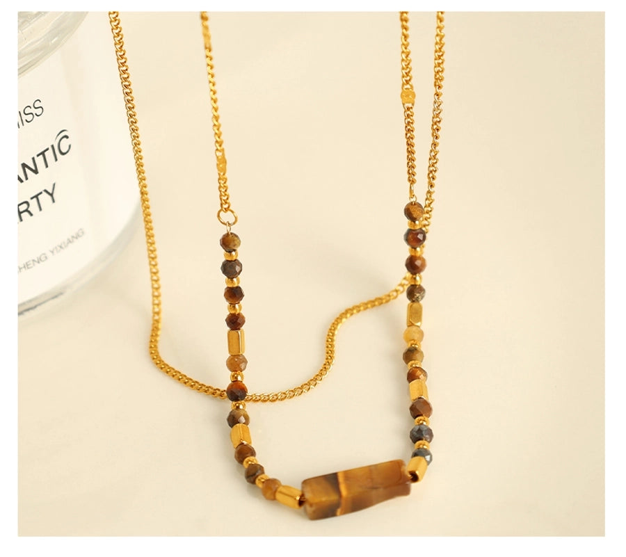 Jewelry IG Style Vintage Style Geometric 304 Stainless Steel Tiger Eye 18K Gold Plated Polishing Double Layer Necklaces