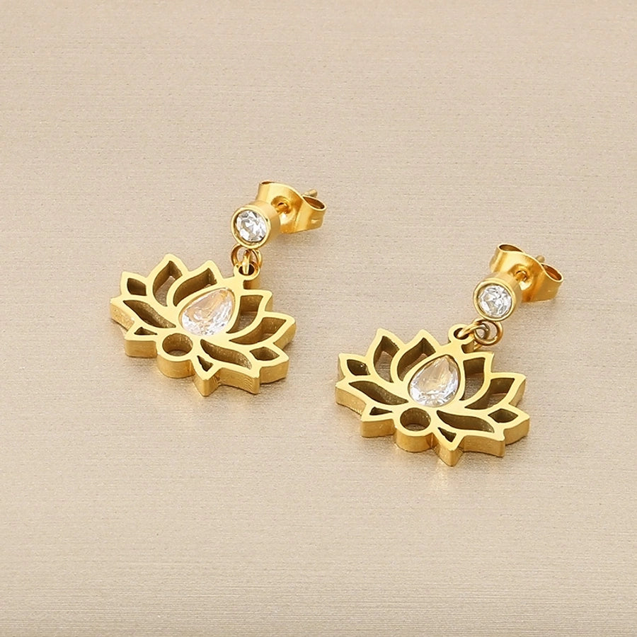 1 Pair Vintage Style Flower Hollow Out Inlay 304 Stainless Steel Zircon 18K Gold Plated Ear Studs