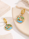 1 Pair Hawaiian IG Style Tree Ocean Painted Hollow Out Inlay Titanium Steel Artificial Pearls Turquoise 18K Gold Plated Drop Earrings
