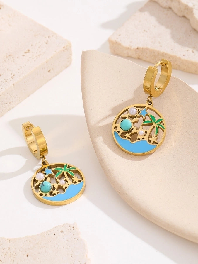 1 Pair Hawaiian IG Style Tree Ocean Painted Hollow Out Inlay Titanium Steel Artificial Pearls Turquoise 18K Gold Plated Drop Earrings