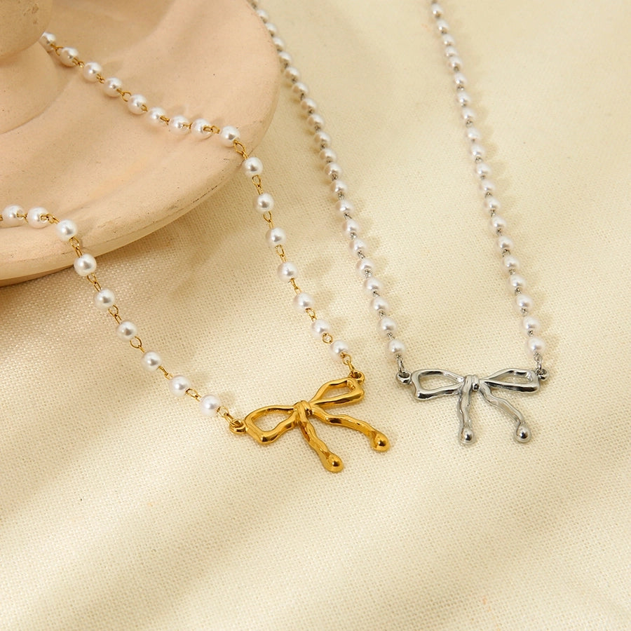 Jewelry IG Style Sweet Bow Knot 304 Stainless Steel Beaded Pearl Pendant Necklace