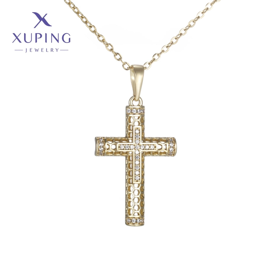 Copper 18K Gold Plated Plating Hollow Out Inlay Cross Zircon Pendant Necklace