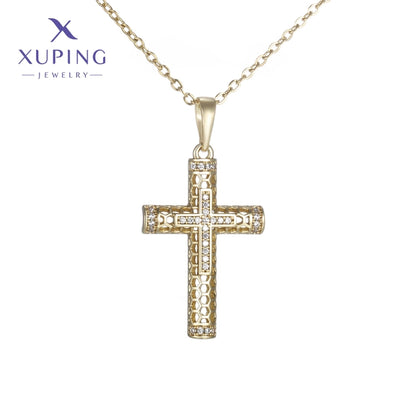 Copper 18K Gold Plated Plating Hollow Out Inlay Cross Zircon Pendant Necklace