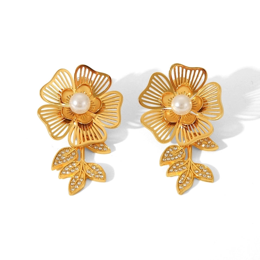1 Piece IG Style Flower Plating Inlay 304 Stainless Steel Natural Stone Pearl 18K Gold Plated Drop Earrings Ear Studs