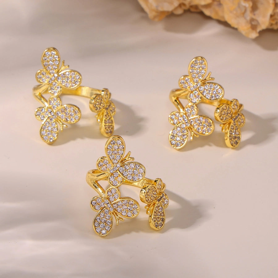 Jewelry Elegant Luxurious Vacation Butterfly Copper Zircon 18K Gold Plated Rings