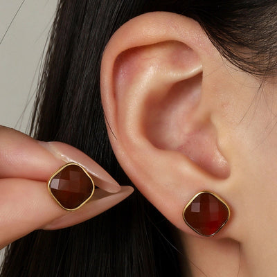 One Pack and Two Pairs Retro French Style Geometric Plating Titanium Steel Natural Stone 14K Gold Plated Ear Studs