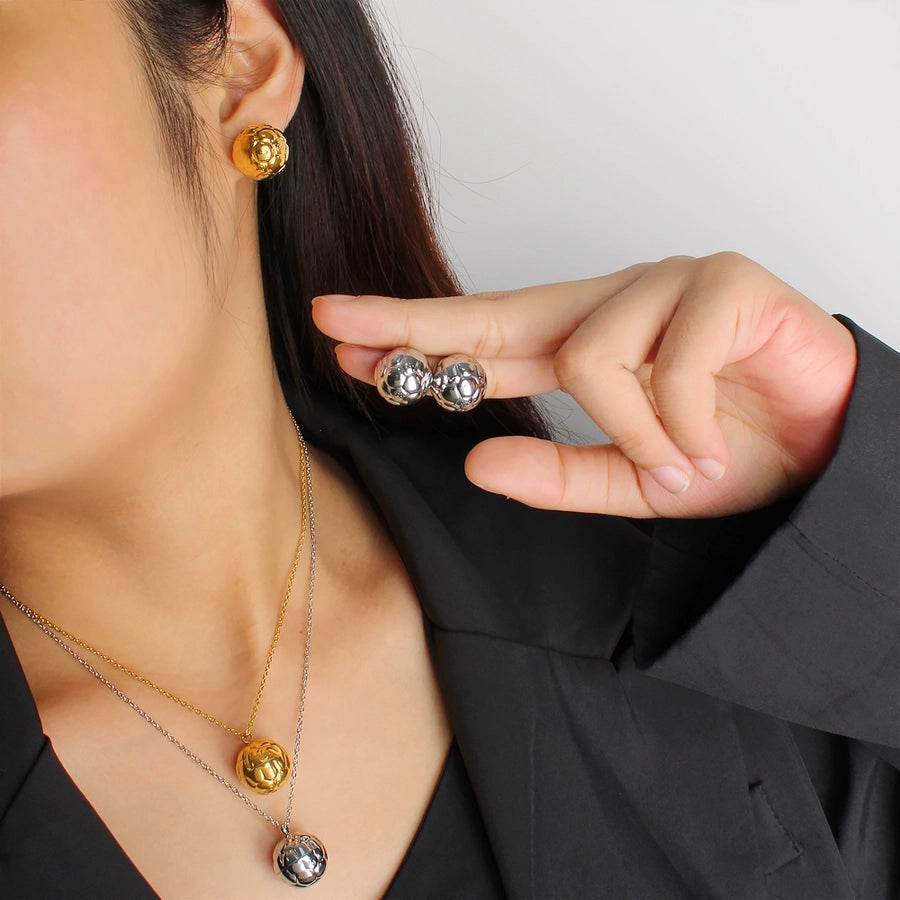 Autumn and Winter  New Arrival Texture Ball Earrings Pendant Necklace Suit Stainless Steel Personality Fashion Short Necklace Stud Earrings