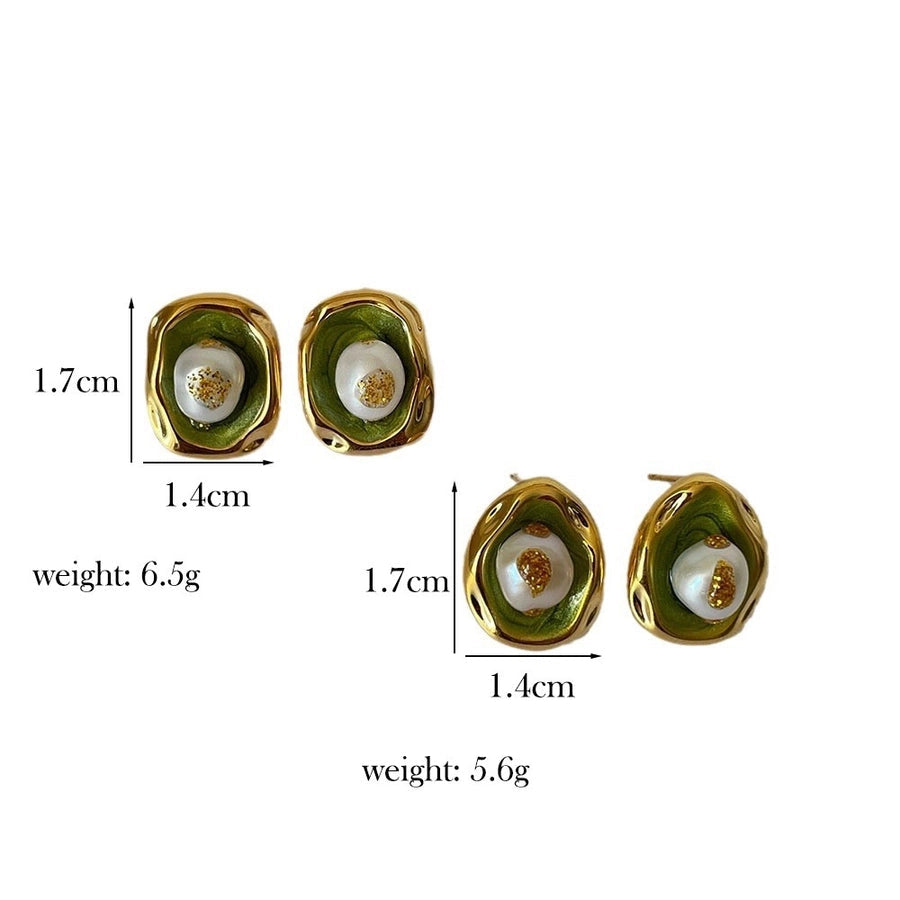 1 Pair Retro Baroque Style Geometric Inlay Copper Freshwater Pearl 18K Gold Plated Ear Studs