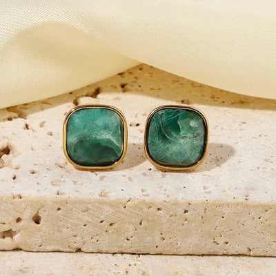 One Pack and Two Pairs Retro French Style Geometric Plating Titanium Steel Natural Stone 14K Gold Plated Ear Studs