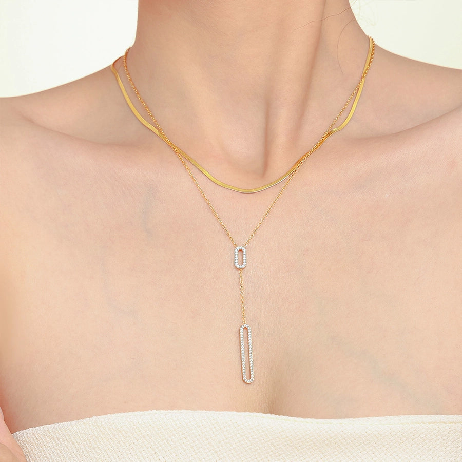 Jewelry Elegant Luxurious Vacation Rectangle Titanium Steel 18K Gold Plated Rhinestone Necklace