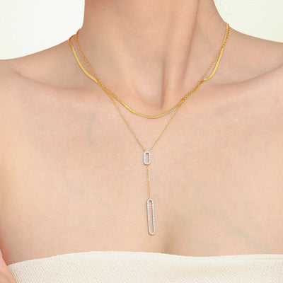 Jewelry Elegant Luxurious Vacation Rectangle Titanium Steel 18K Gold Plated Rhinestone Necklace