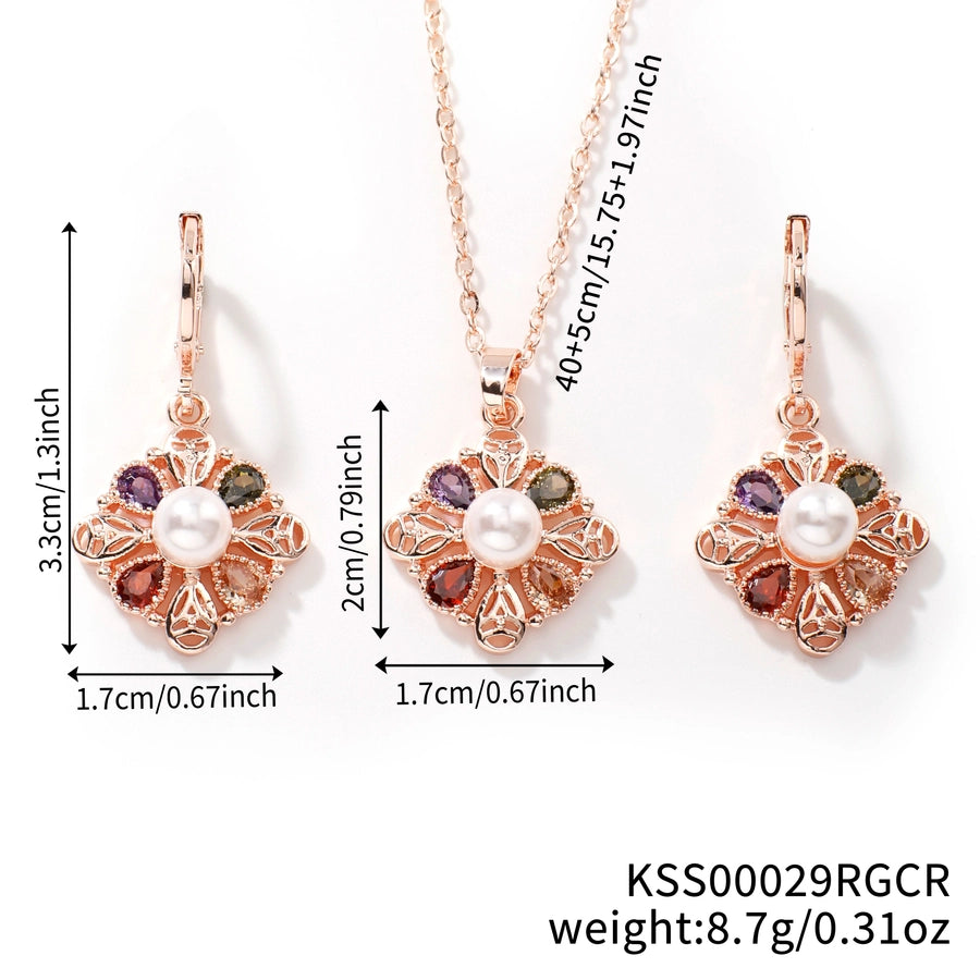 Copper K Gold Plated Inlay Water Droplets Flower Glass Jewelry Set