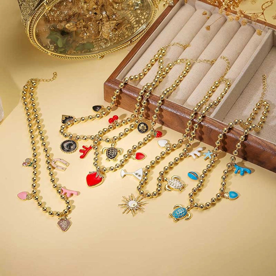 Jewelry Casual Vintage Style Beach Tortoise Starfish Shell Copper Zircon 18K Gold Plated Enamel Inlay Multi Charms Necklace