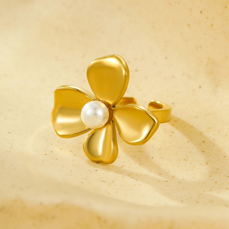 Jewelry Elegant Retro Flower 304 Stainless Steel Natural Stone Pearl Inlay Open Rings