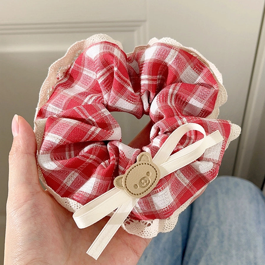 Women's Casual Preppy Style Lattice Bear Bow Knot Cloth Lace Hair Tie