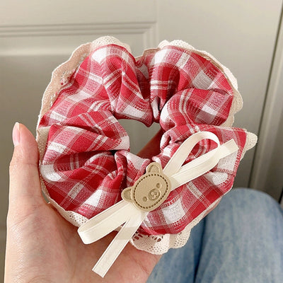 Women's Casual Preppy Style Lattice Bear Bow Knot Cloth Lace Hair Tie