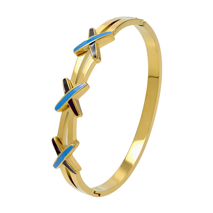 Elegant Nordic Style Vacation cross Row Brick Hollow Out Titanium Steel Gold Plated Zircon Bangle In Bulk