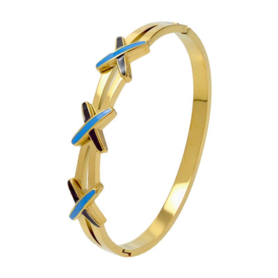 Elegant Nordic Style Vacation cross Row Brick Hollow Out Titanium Steel Gold Plated Zircon Bangle In Bulk