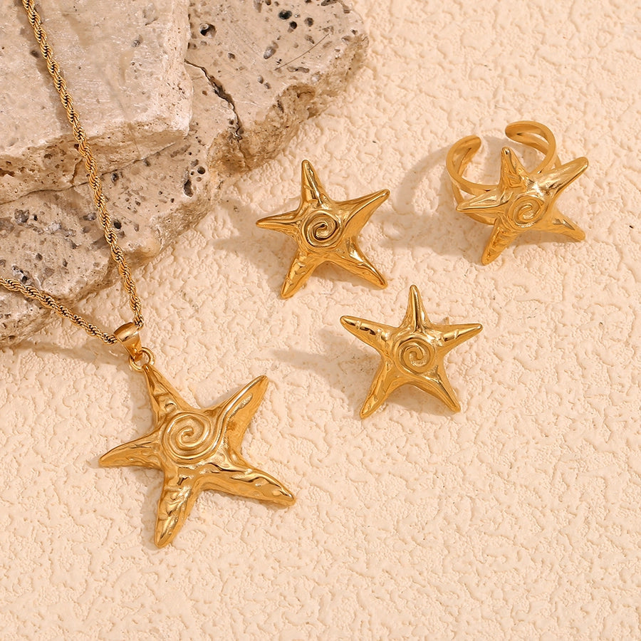 Jewelry Retro Starfish Titanium Steel 18K Gold Plated Plating Rings Earrings Necklace
