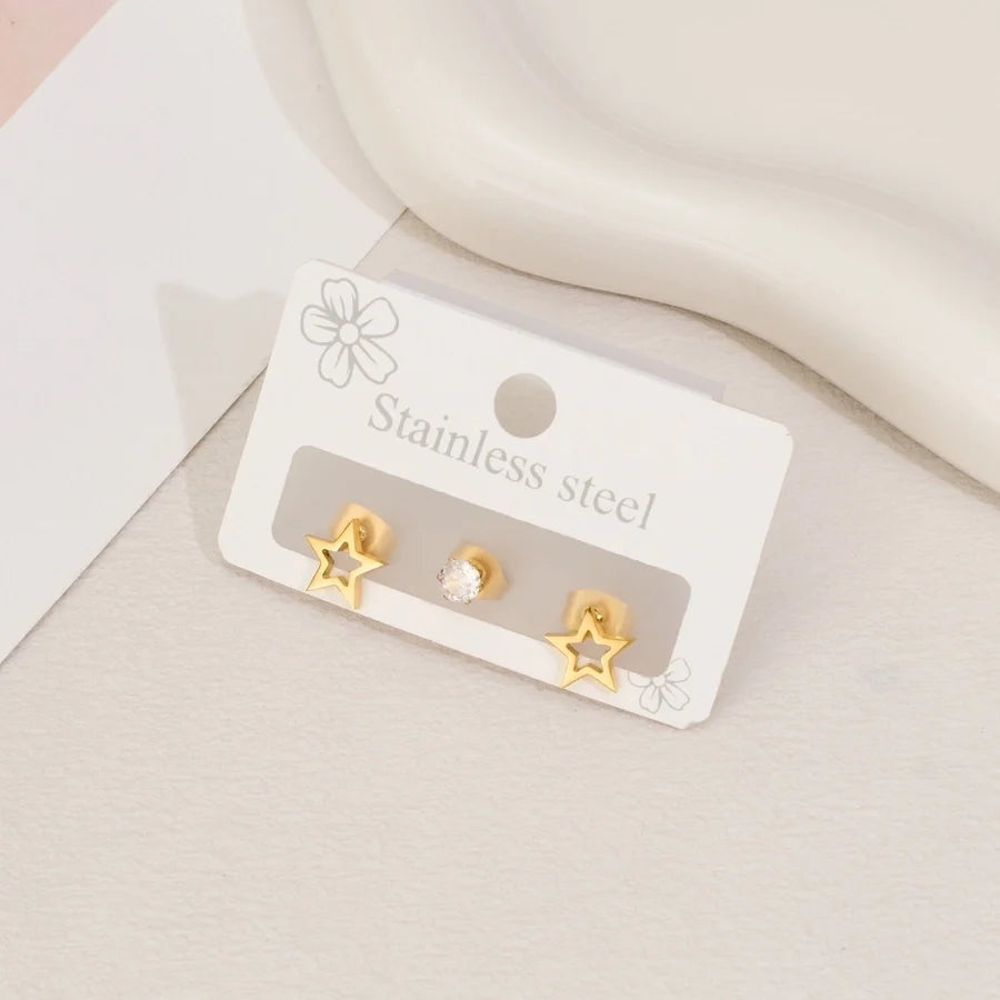 1 Set Sweet Simple Style Star Polishing Hollow Out Inlay 304 Stainless Steel Zircon 18K Gold Plated Ear Studs