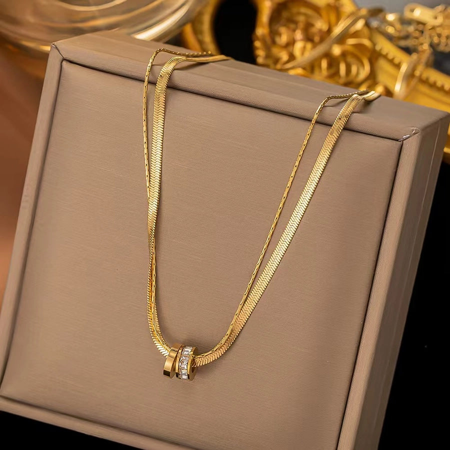 Jewelry Lady Simple Style Commute Round 304 Stainless Steel Artificial Rhinestones 18K Gold Plated Plating Inlay Double Layer Necklaces