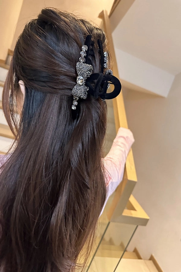 High-Grade Full Diamond Bow Hair Accessories Barrettes Women's Back Head Grip  Former Red Style Flocking Large Size Shark Clip