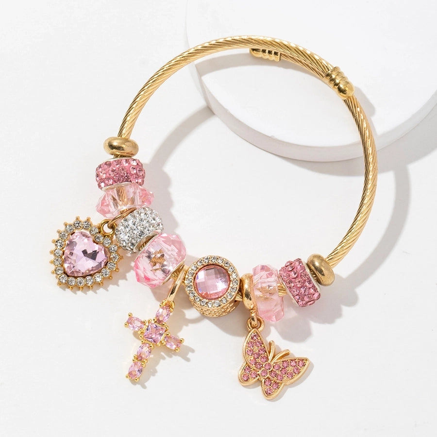 Elegant Cute Religion Cross Heart Shape Butterfly 304 Stainless Steel Alloy Artificial Crystal Bangle In Bulk