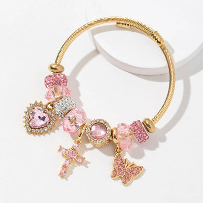 Elegant Cute Religion Cross Heart Shape Butterfly 304 Stainless Steel Alloy Artificial Crystal Bangle In Bulk