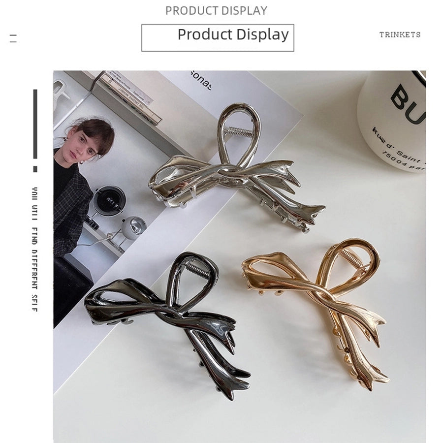 Ribbon bow hairpin for women  new back head clip shark clip high-end silver metal clip hairpin