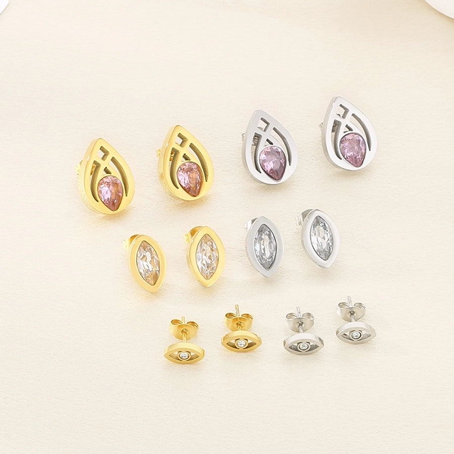 1 Pair Vintage Style Water Droplets Hollow Out Inlay 304 Stainless Steel Zircon 18K Gold Plated Ear Studs