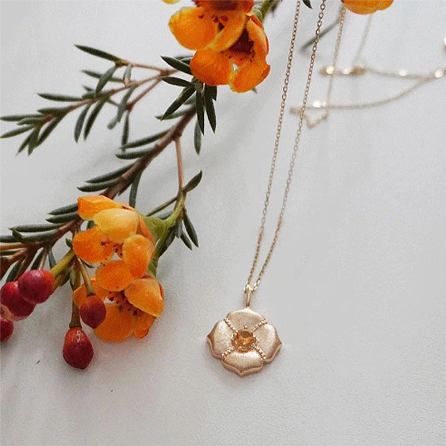 Alloy Copper Inlay Flower Birthstone Pendant Necklace