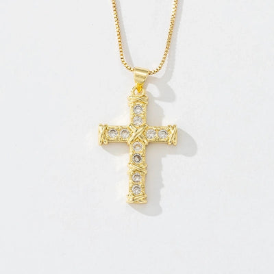 Copper box chain 18K Gold Plated Inlay Carving Cross Zircon Pendant Necklace