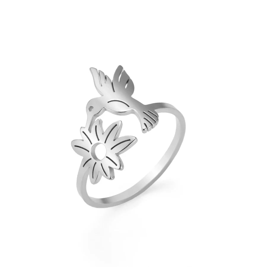 Jewelry Cute Flower Bird 304 Stainless Steel 18K Gold Plated Hollow Out Rings