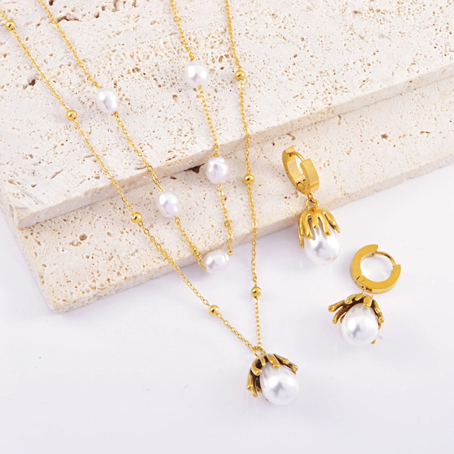 Jewelry Elegant Retro Geometric Titanium Steel Pearl Plating Inlay Earrings Necklace