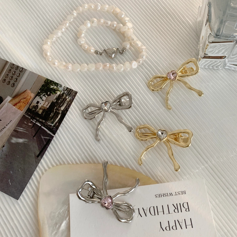 Women's IG Style Sweet Heart Shape Bow Knot Metal Hollow Out Inlay Rhinestones Hair Clip