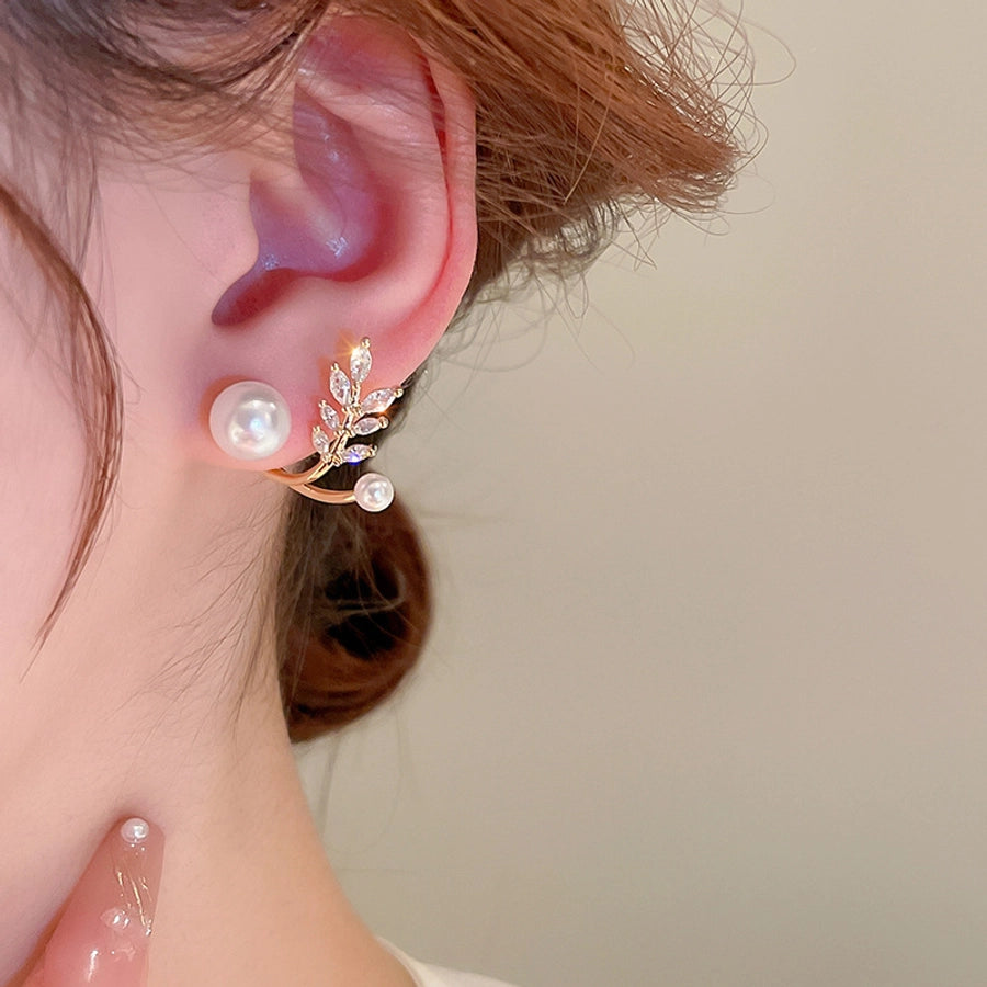 1 Pair Casual Simple Style Streetwear Leaf Plating Copper Artificial Pearls Zircon Earrings