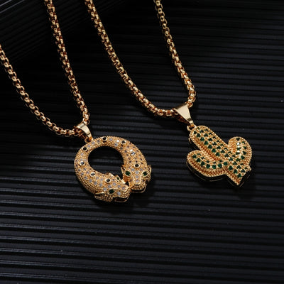 Hip-Hop Streetwear Cactus Tiger 304 Stainless Steel Copper Inlay Zircon K Gold Plated Unisex Pendant Necklace