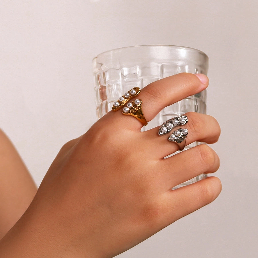 Jewelry IG Style Simple Style Pea 304 Stainless Steel Artificial Pearls 18K Gold Plated Inlay Open Rings