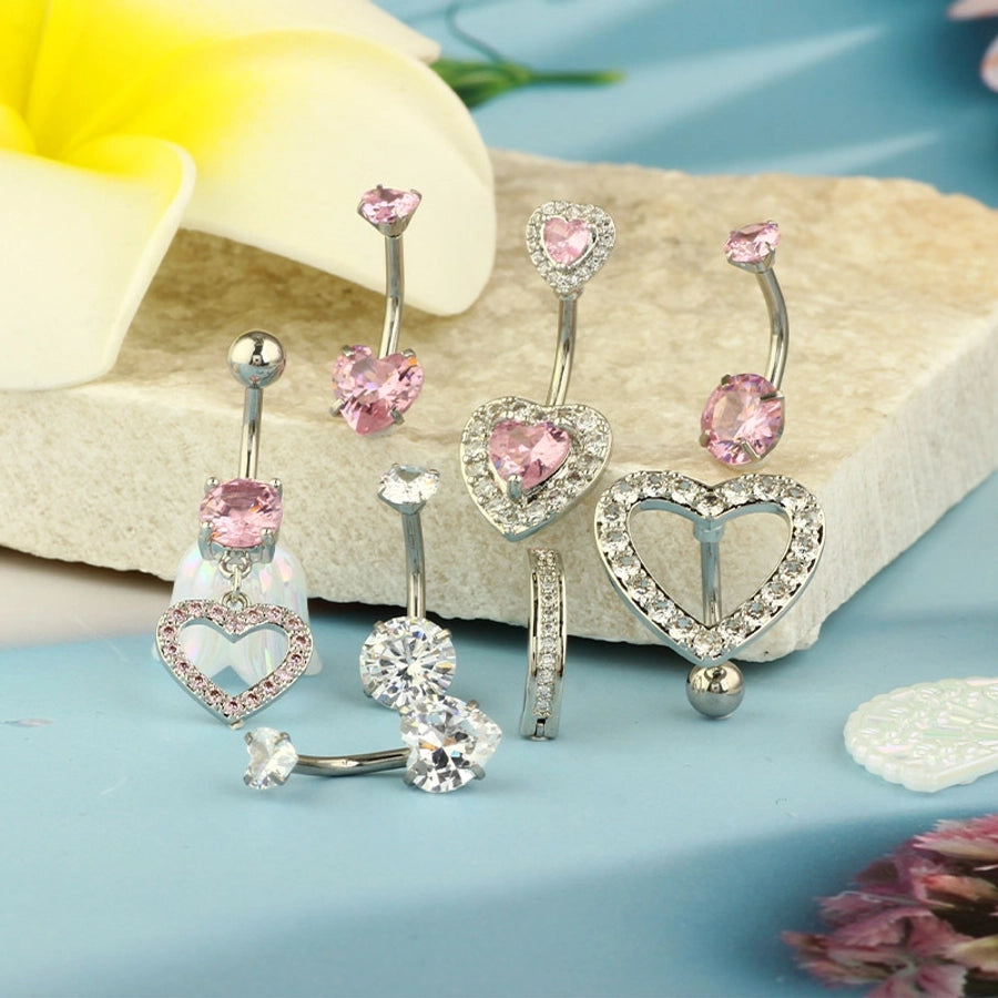1 Piece 1 Set Belly Rings Hip-Hop Shiny Heart Shape 316L Stainless Steel  Copper Inlay Zircon Belly Rings