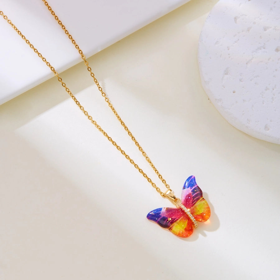 Jewelry Elegant Cute Classic Style Butterfly 201 Stainless Steel Resin Copper Zircon Inlay Pendant Necklace