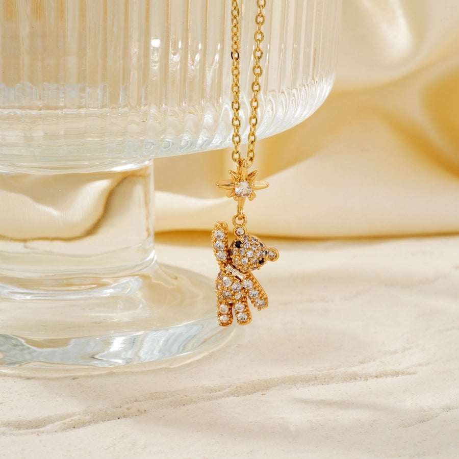 304 Stainless Steel Copper K Gold Plated Rhodium Plated Inlay Bear Zircon Pendant Necklace
