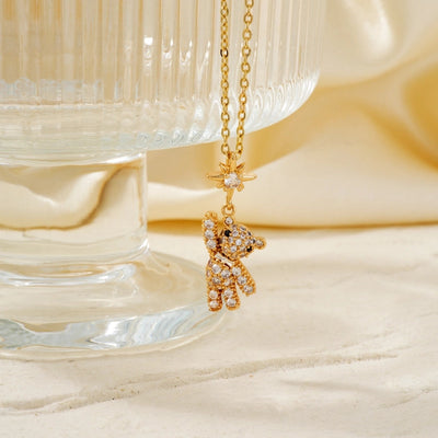 304 Stainless Steel Copper K Gold Plated Rhodium Plated Inlay Bear Zircon Pendant Necklace